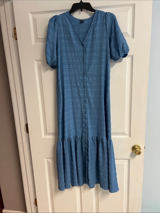 SHEIN Dresses & Skirts - SHEIN Dusty Blue Button-Front Midi Dress with Puff Sleeves. WORN ONCE!